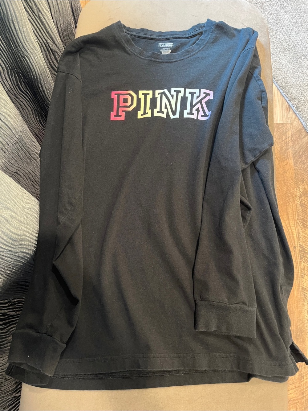 PINK Victoria's Secret Black Long-Sleeve Tee with Rainbow Block Logo